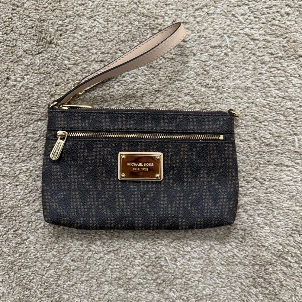 Michael Kors Monogram Brown and Gold Wristlet